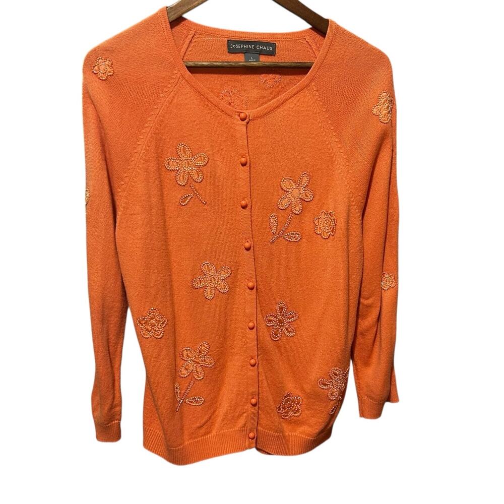 Y2K VTG Josephine‎ Chaus Women Beaded Flower Cardigan L Peach Cottagecore Boho